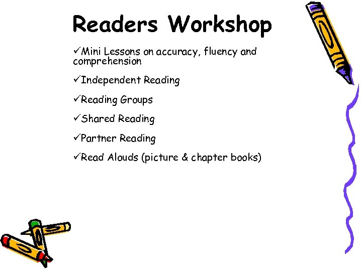 Readers Workshop üMini Lessons on accuracy, fluency and comprehension üIndependent Reading üReading Groups üShared