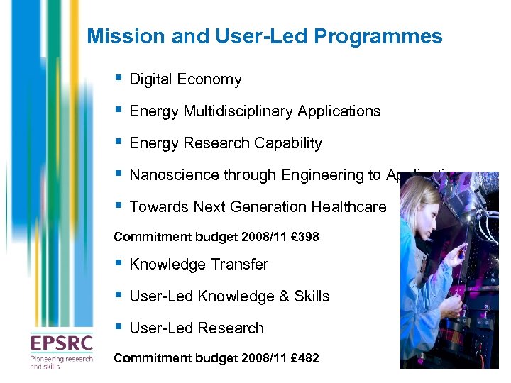 Mission and User-Led Programmes § Digital Economy § Energy Multidisciplinary Applications § Energy Research