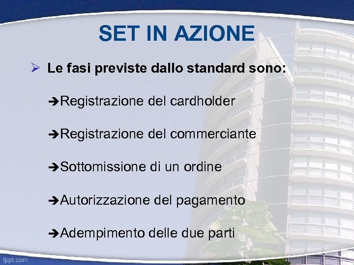SET IN AZIONE Le fasi previste dallo standard sono: Registrazione del cardholder Registrazione del