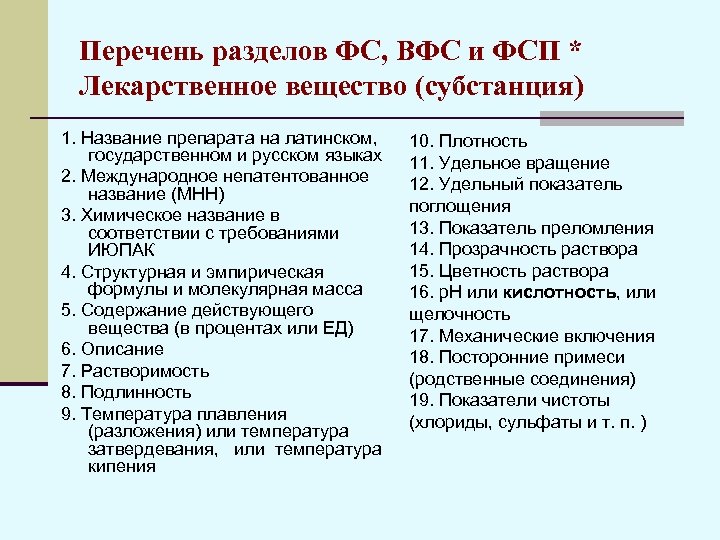 Перечень разделов ФС, ВФС и ФСП * Лекарственное вещество (субстанция) 1. Название препарата на