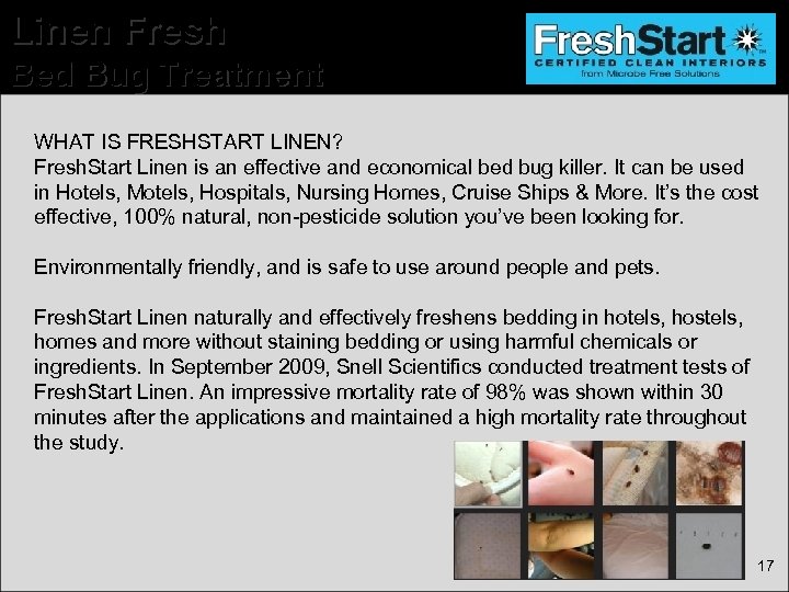Linen Fresh Bed Bug Treatment WHAT IS FRESHSTART LINEN? Fresh. Start Linen is an