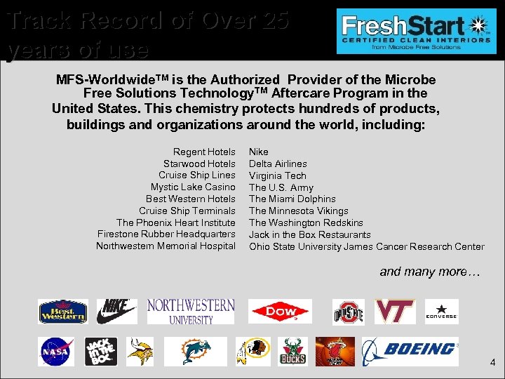Track Record of Over 25 years of use MFS-Worldwide. TM is the Authorized Provider