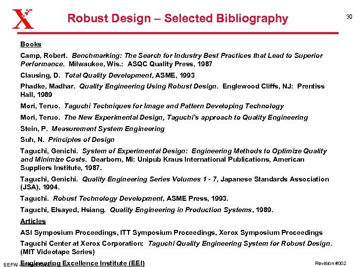 Robust Design – Selected Bibliography 30 Books Camp, Robert. Benchmarking: The Search for Industry