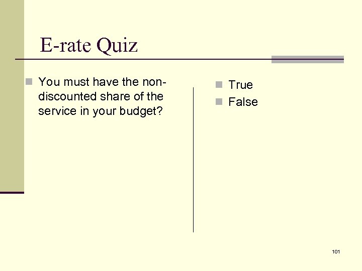 E-rate Quiz n You must have the non- discounted share of the service in