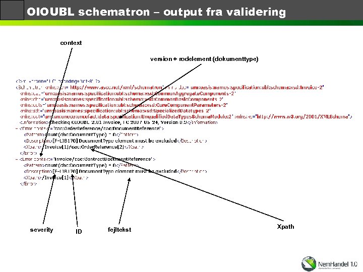 OIOUBL schematron – output fra validering context version + rodelement (dokumenttype) severity ID fejltekst