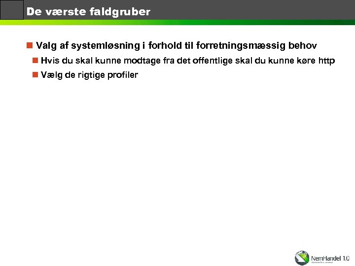 De værste faldgruber n Valg af systemløsning i forhold til forretningsmæssig behov n Hvis