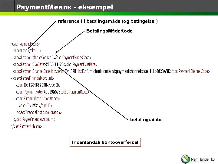Payment. Means - eksempel reference til betalingsmåde (og betingelser) Betalings. Måde. Kode betalingsdato Indenlandsk
