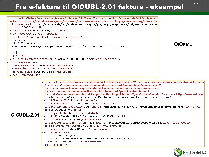 Fra e-faktura til OIOUBL-2. 01 faktura - eksempel OIOXML OIOUBL-2. 01 OU 001 V