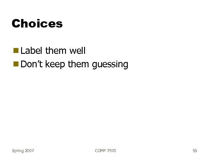 Choices g Label them well g Don’t keep them guessing Spring 2007 COMP 7970