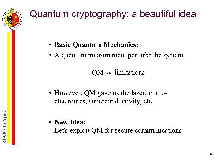 Quantum cryptography: a beautiful idea • Basic Quantum Mechanics: • A quantum measurement perturbs