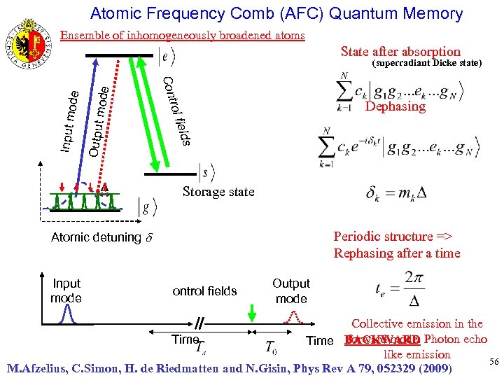 Atomic Frequency Comb (AFC) Quantum Memory Ensemble of inhomogeneously broadened atoms State after absorption