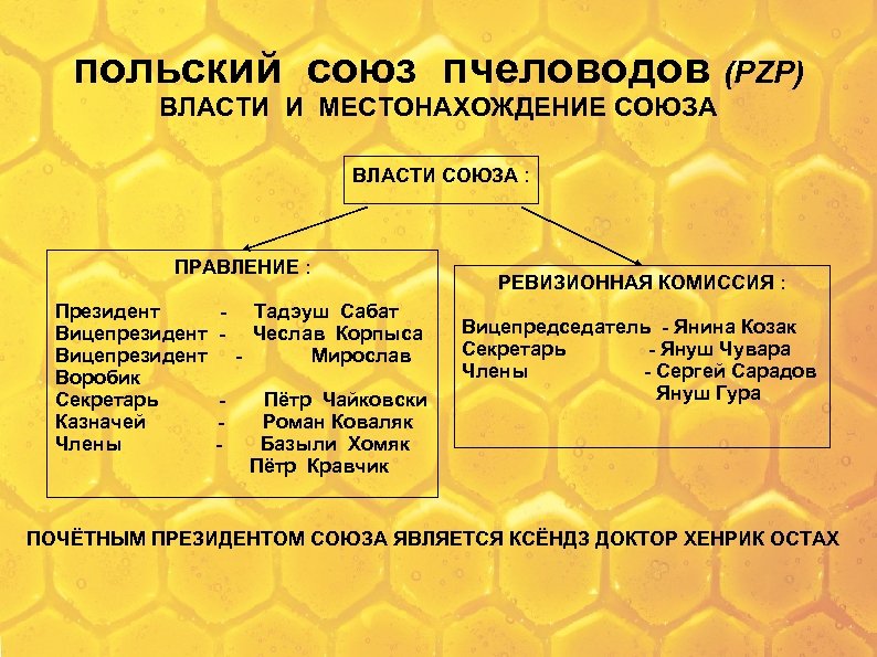 польский союз пчеловодов (PZP) ВЛАСТИ И МЕСТОНАХОЖДЕНИЕ СОЮЗА ВЛАСТИ СОЮЗА : ПРАВЛЕНИЕ : Президент