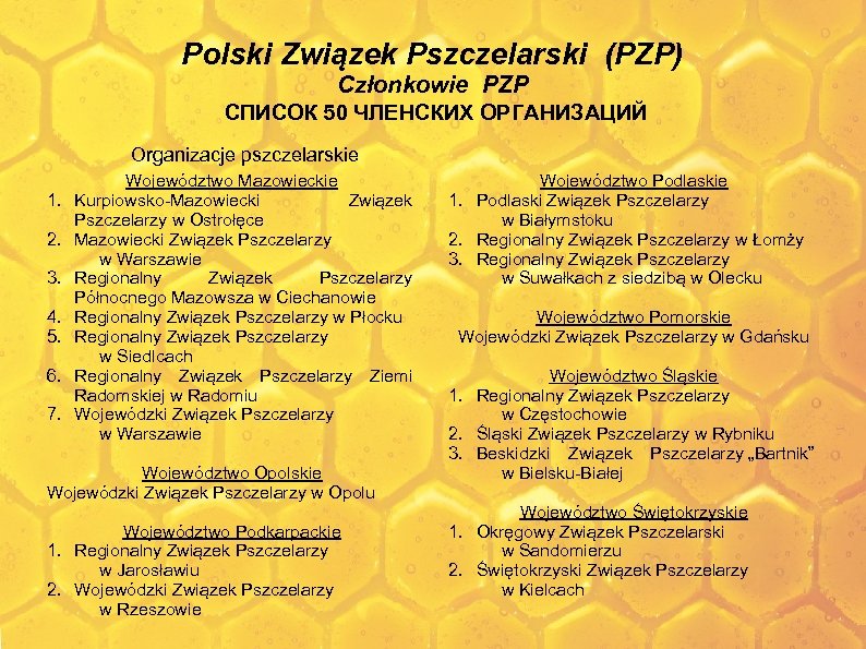 Polski Związek Pszczelarski (PZP) Członkowie PZP СПИСОК 50 ЧЛЕНСКИХ ОРГАНИЗАЦИЙ Organizacje pszczelarskie 1. 2.