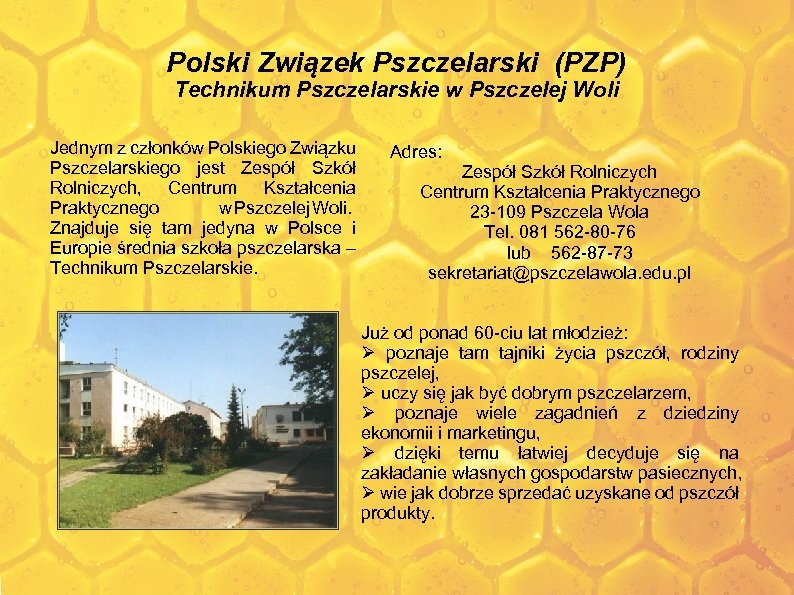 Polski Związek Pszczelarski (PZP) Technikum Pszczelarskie w Pszczelej Woli Jednym z członków Polskiego Związku