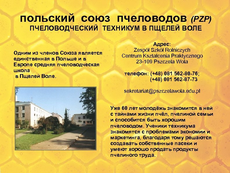 польский союз пчеловодов (PZP) ПЧЕЛОВОДЧЕСКИЙ ТЕХНИКУМ В ПЩЕЛЕЙ ВОЛЕ Одним из членов Союза является