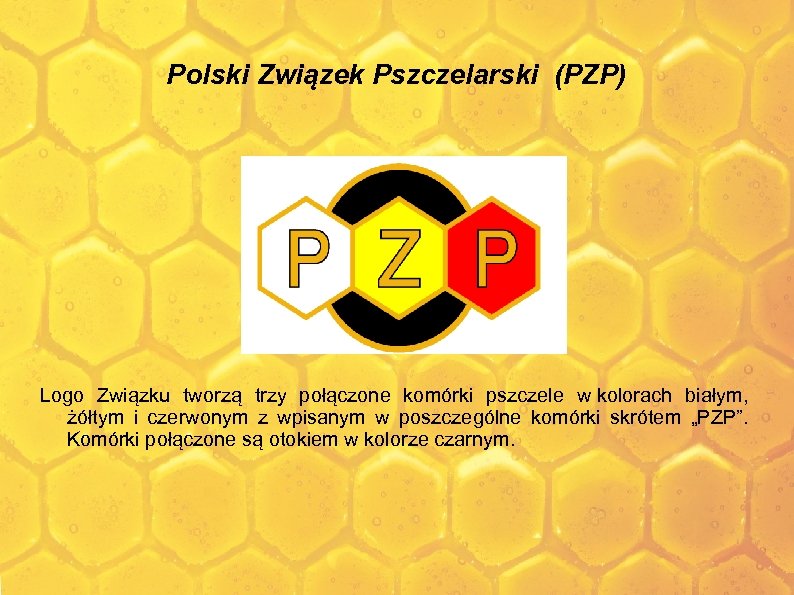 Polski Związek Pszczelarski (PZP) Logo Związku tworzą trzy połączone komórki pszczele w kolorach białym,
