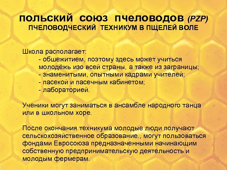польский союз пчеловодов (PZP) ПЧЕЛОВОДЧЕСКИЙ ТЕХНИКУМ В ПЩЕЛЕЙ ВОЛЕ Школа располагает: - обшежитием, поэтому
