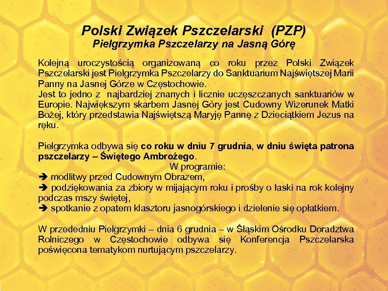 Polski Związek Pszczelarski (PZP) Pielgrzymka Pszczelarzy na Jasną Górę Kolejną uroczystością organizowaną co roku