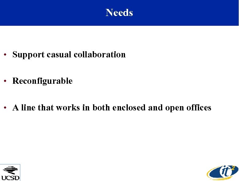 Needs • Support casual collaboration • Reconfigurable • A line that works in both