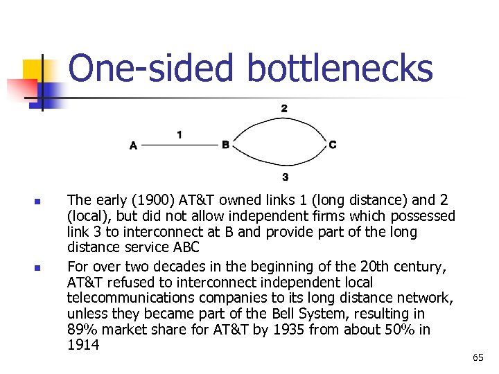 One-sided bottlenecks n n The early (1900) AT&T owned links 1 (long distance) and