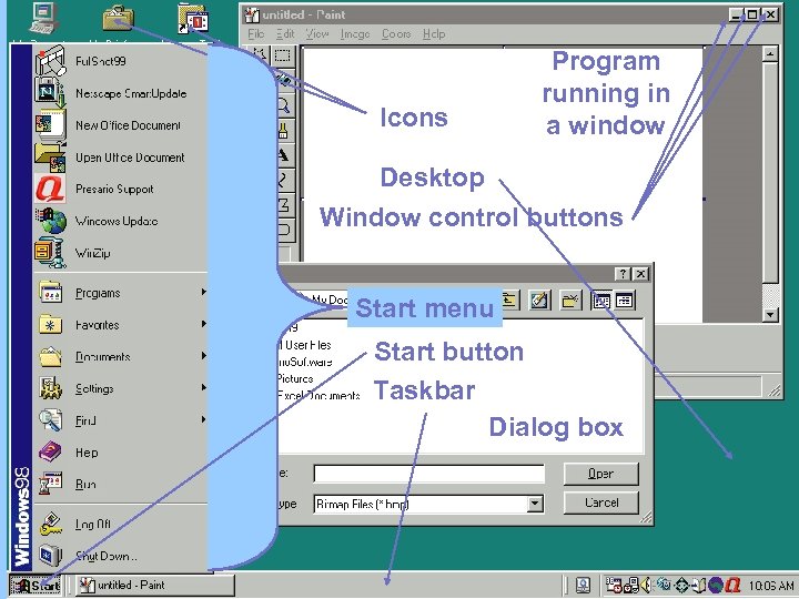 Icons Program running in a window Desktop Window control buttons Start menu Start button