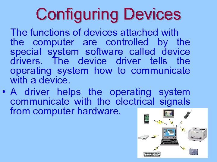 Configuring Devices The functions of devices attached with the computer are controlled by the