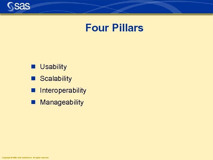Four Pillars n Usability n Scalability n Interoperability n Manageability Copyright © 2002, SAS