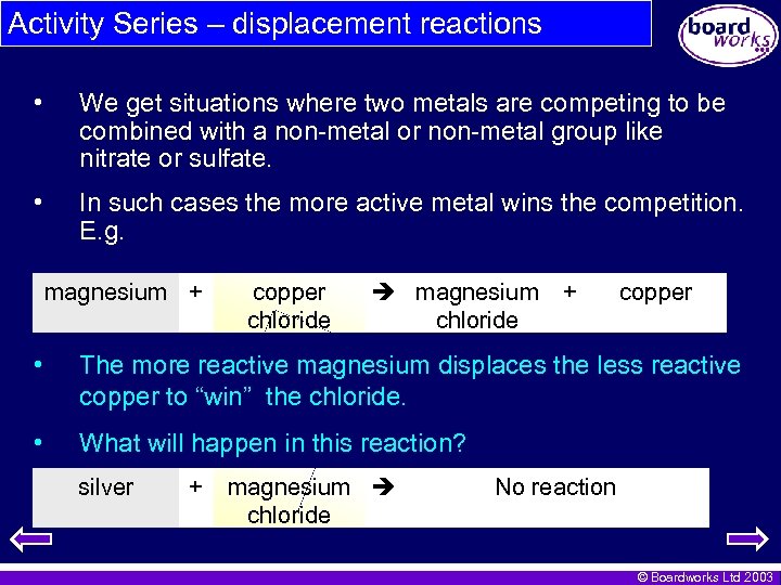 Activity Series – displacement reactions • We get situations where two metals are competing