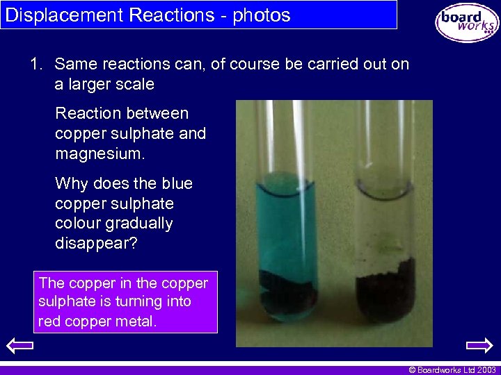 Displacement Reactions - photos 1. Same reactions can, of course be carried out on