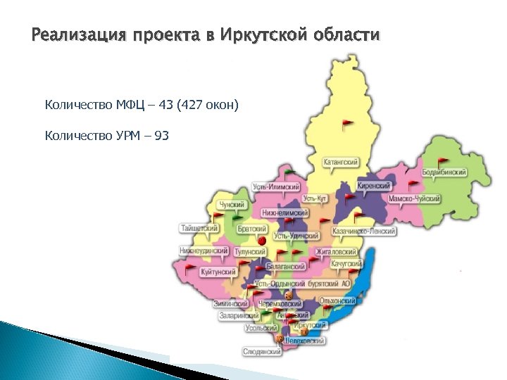 Реализация проекта в Иркутской области Количество МФЦ – 43 (427 окон) Количество УРМ –
