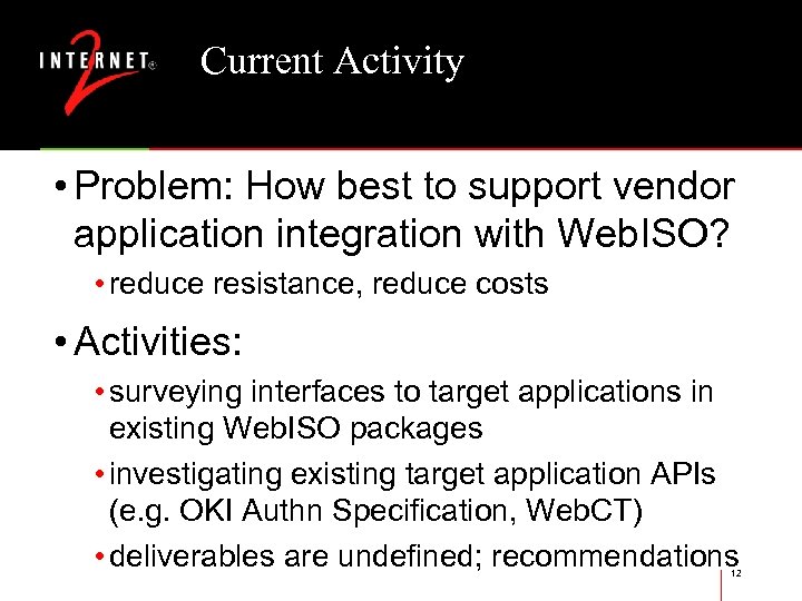 Current Activity • Problem: How best to support vendor application integration with Web. ISO?