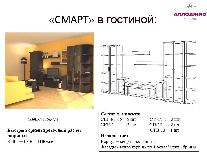  «СМАРТ» в гостиной: 2090 х4136 х474 Быстрый ориентировочный расчет ширины: 350 х8+1300=4100 мм