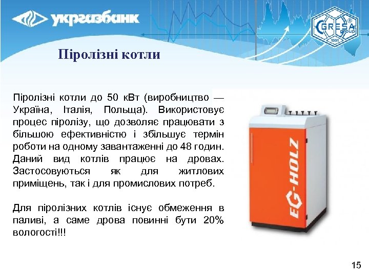 Піролізні котли до 50 к. Вт (виробництво — Україна, Італія, Польща). Використовує процес піролізу,