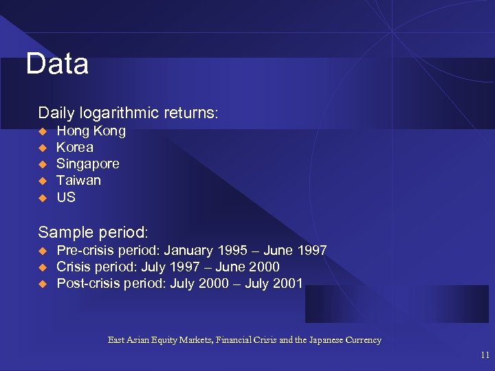 Data Daily logarithmic returns: u u u Hong Korea Singapore Taiwan US Sample period: