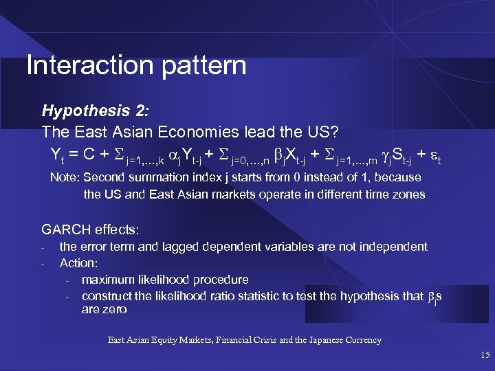 Interaction pattern Hypothesis 2: The East Asian Economies lead the US? Yt = C