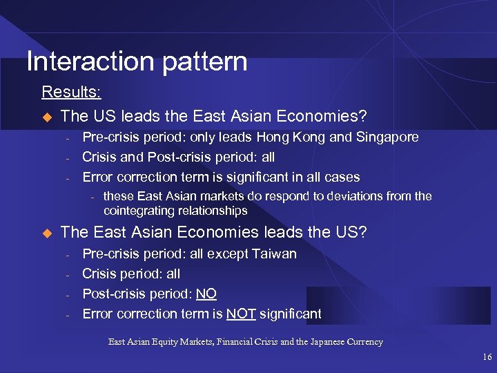 Interaction pattern Results: u The US leads the East Asian Economies? - Pre-crisis period: