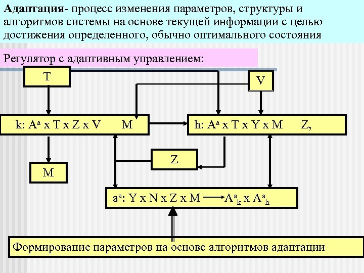 Адаптация- процесс изменения параметров, структуры и алгоритмов системы на основе текущей информации с целью