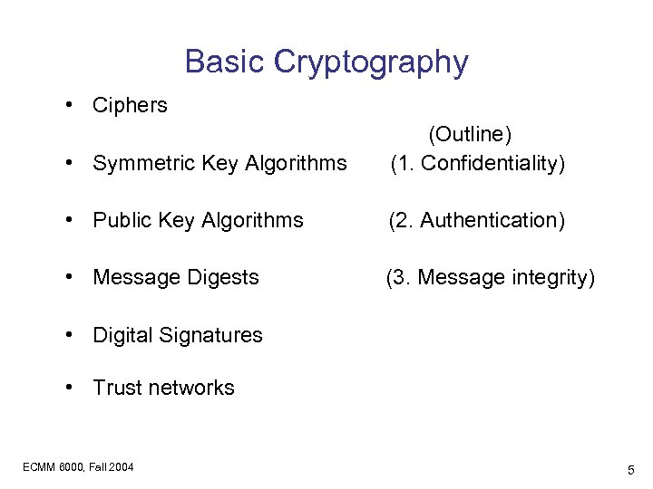 Basic Cryptography • Ciphers • Symmetric Key Algorithms (Outline) (1. Confidentiality) • Public Key