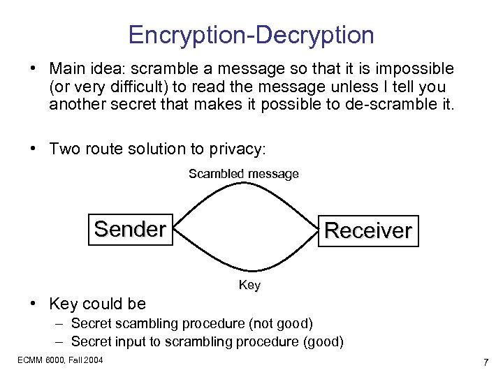 Encryption-Decryption • Main idea: scramble a message so that it is impossible (or very