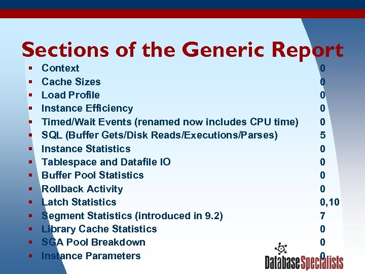 Sections of the Generic Report § Context § Cache Sizes § Load Profile §