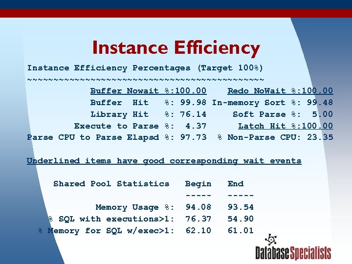 Instance Efficiency Percentages (Target 100%) ~~~~~~~~~~~~~~~~~~~~~~~ Buffer Nowait %: 100. 00 Redo No. Wait