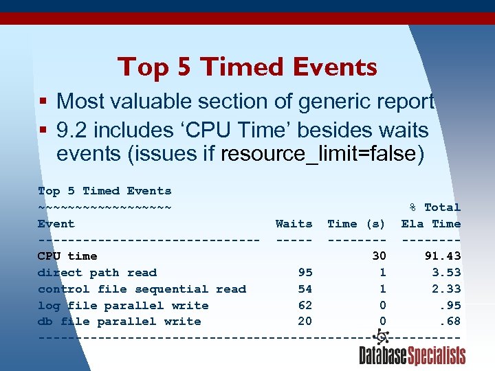 Top 5 Timed Events § Most valuable section of generic report § 9. 2