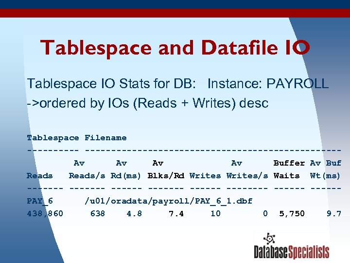 Tablespace and Datafile IO Tablespace IO Stats for DB: Instance: PAYROLL ->ordered by IOs