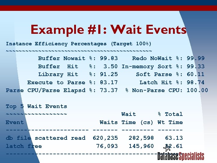 Example #1: Wait Events Instance Efficiency Percentages (Target 100%) ~~~~~~~~~~~~~~~~~~~~~~~ Buffer Nowait Buffer Hit