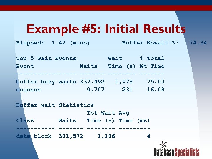 Example #5: Initial Results Elapsed: 1. 42 (mins) Buffer Nowait %: 74. 34 Top