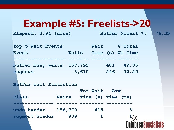 Example #5: Freelists->20 Elapsed: 0. 94 (mins) Buffer Nowait %: 76. 35 Top 5