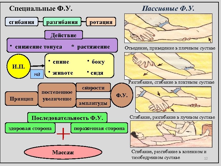 Специальные Ф. У. сгибания Пассивные Ф. У. разгибания ротация Действие ∙ снижение тонуса И.