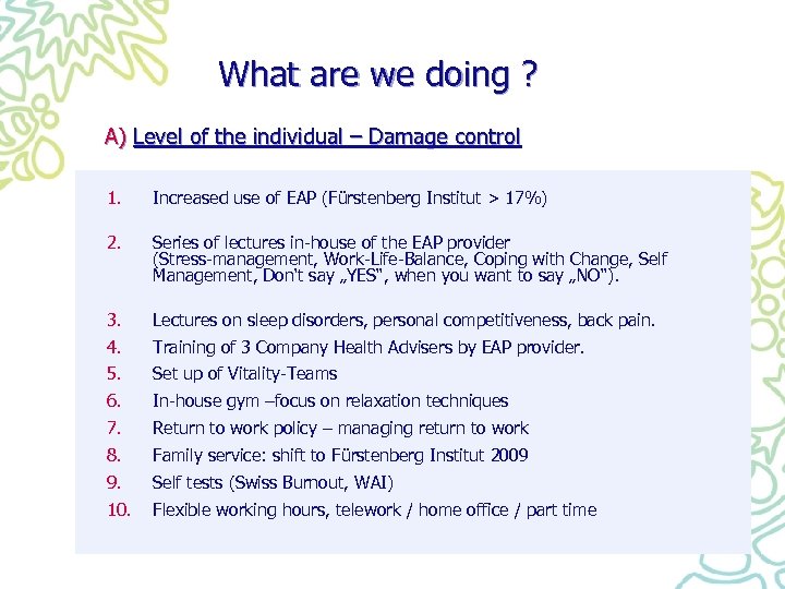 What are we doing ? A) Level of the individual – Damage control 1.