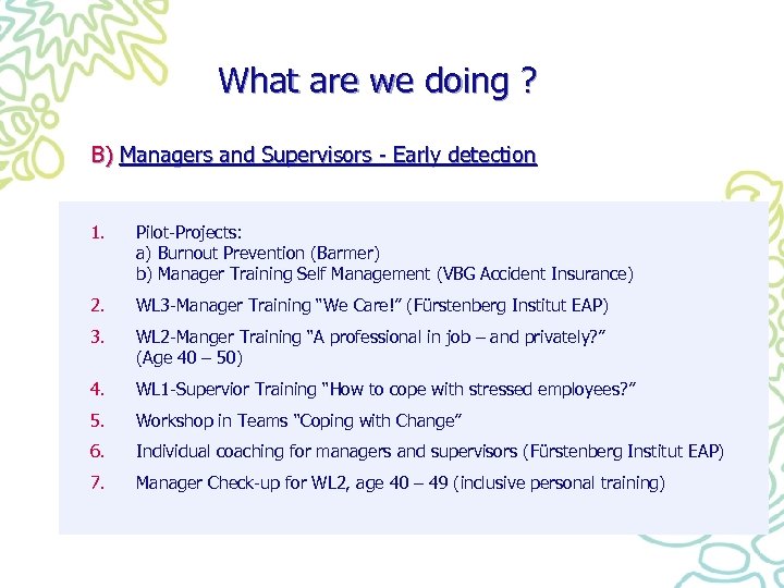 What are we doing ? B) Managers and Supervisors - Early detection 1. Pilot-Projects: