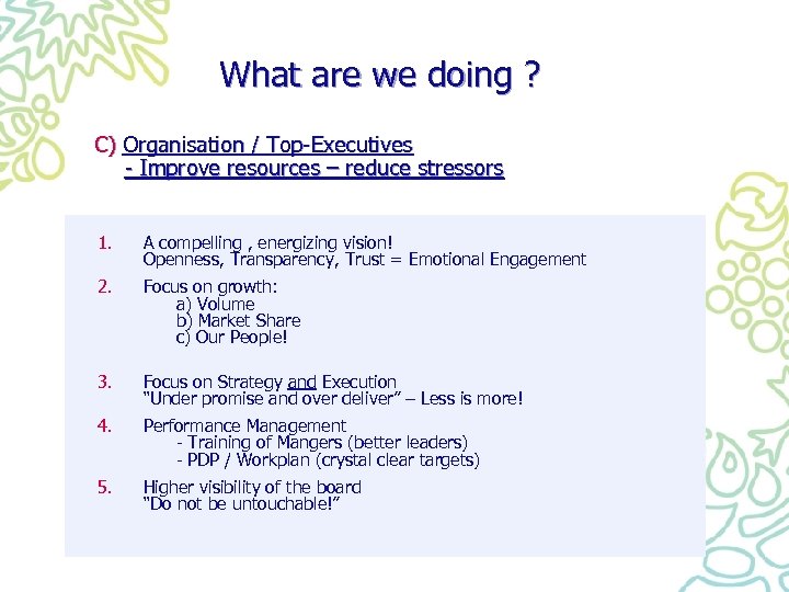 What are we doing ? C) Organisation / Top-Executives - Improve resources – reduce